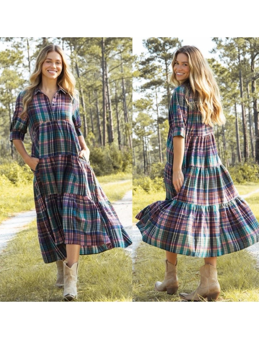 Natural Life Rebecca Plaid Tiered Maxi Dress Boho Cottagecore Farmhouse S Small